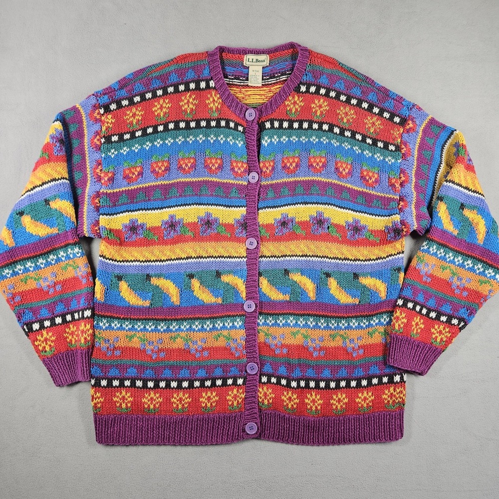 VTG LL Bean Womens Cardigan Sweater L Fair Isle Farmer Granny Indie Maximalist